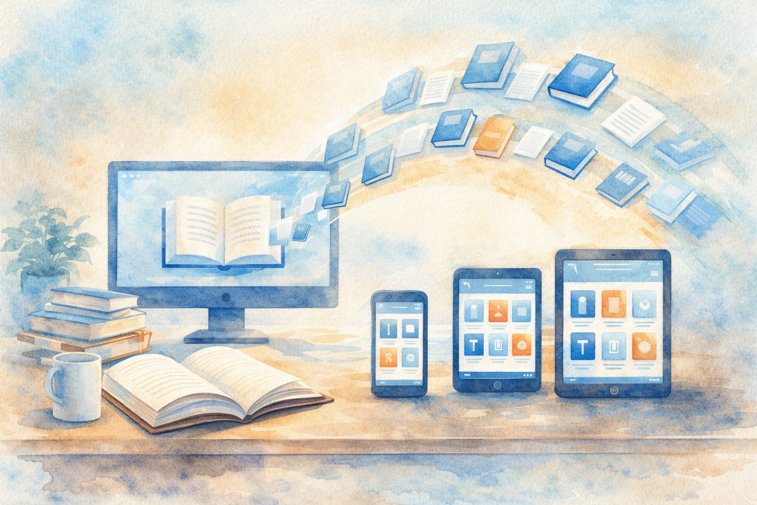 Digital books flowing from publisher to Fokus AI reading platform across multiple devices