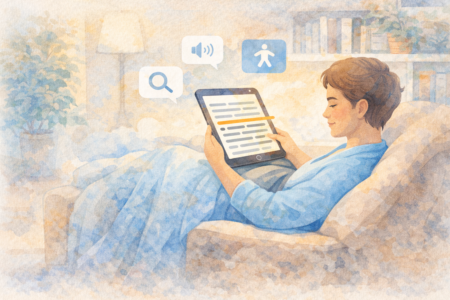 Reader enjoying Fokus accessible e-reader with focus line guide and large text features