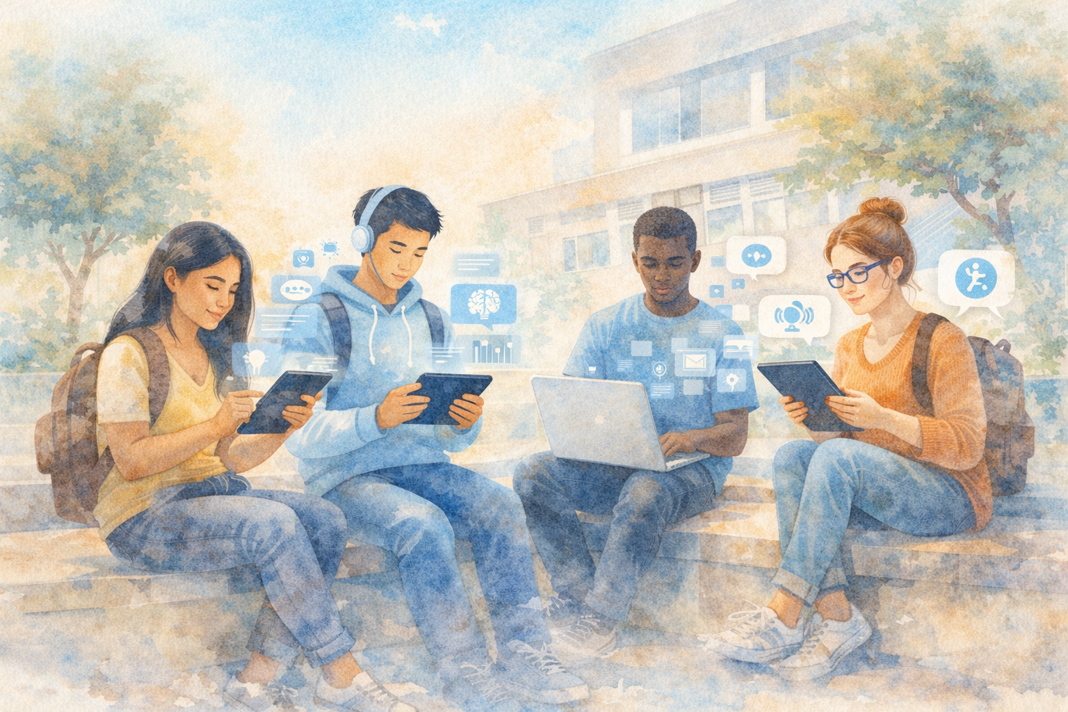 Students using Fokus AI e-reader with accessibility features in a university setting