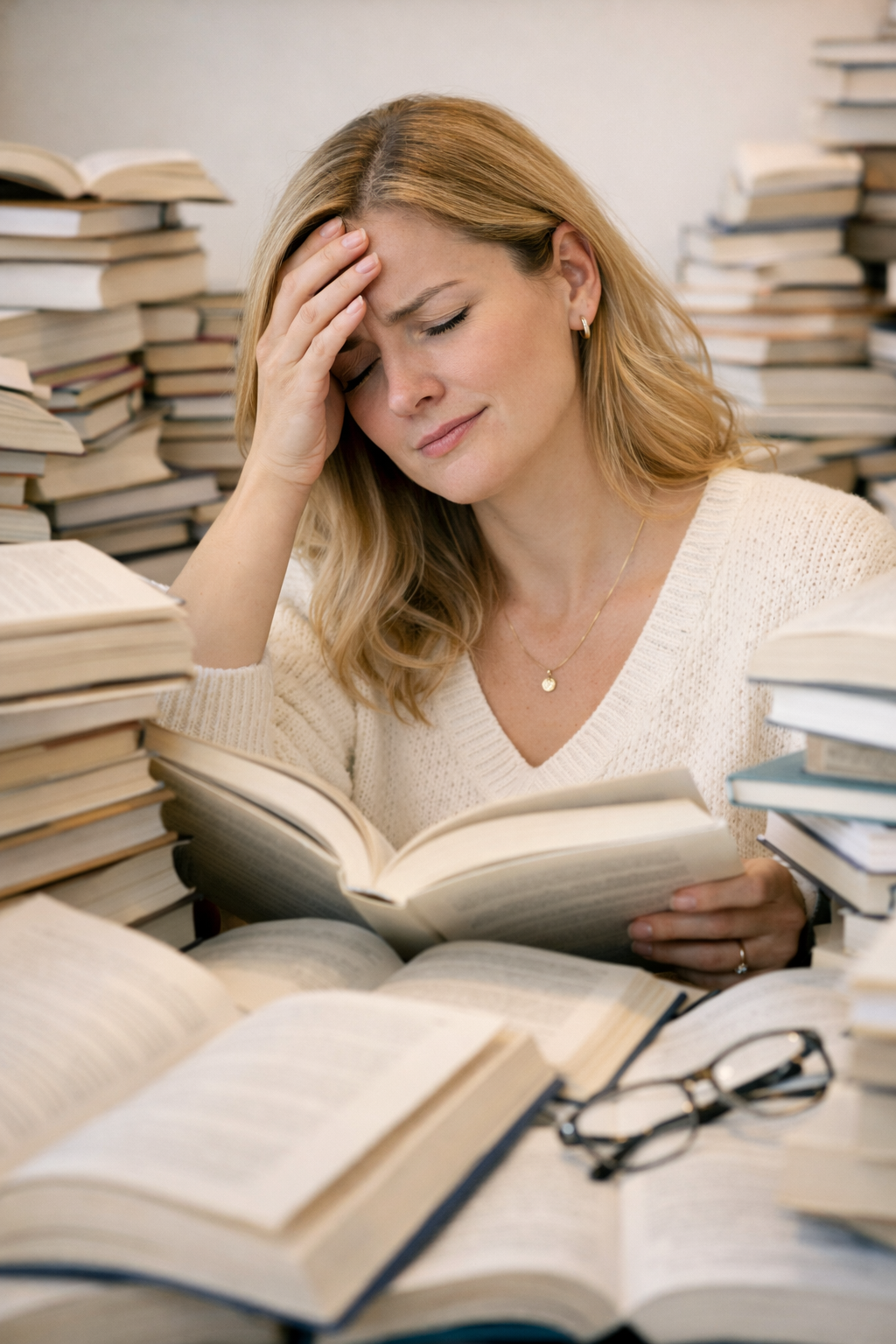 Reader overwhelmed by stacks of books before using Fokus